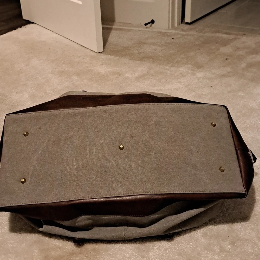 Rugged Canvas Duffel Bag Distressed Grey Brown Faux Leather Weekender Travel NEW